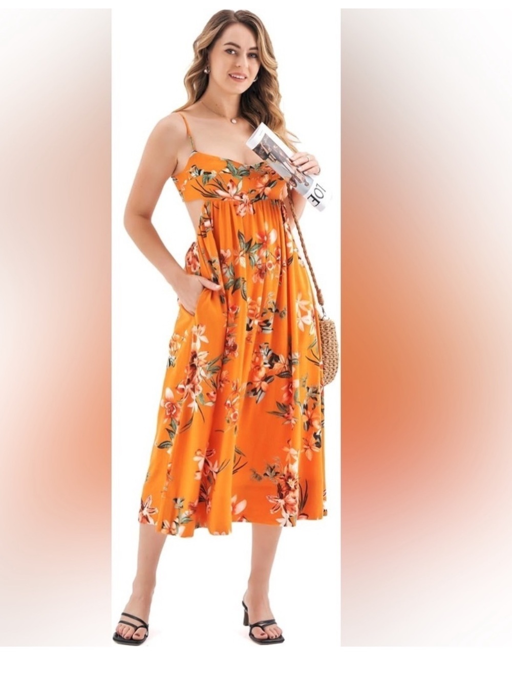 OPT dress linen blend floral midi  dress with open back pockets